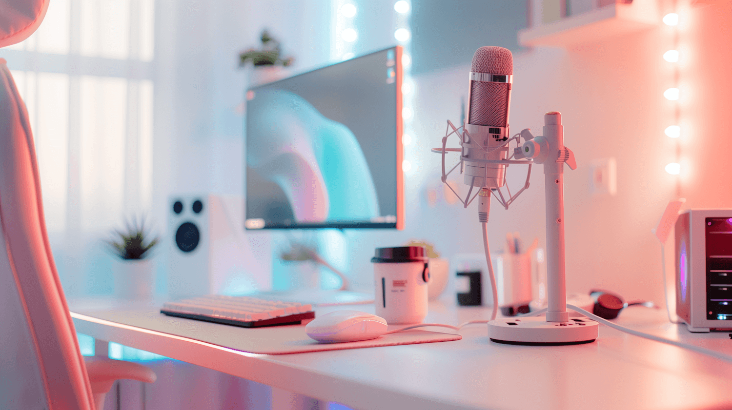 Workspace with a large monitor, a microphone and soft ambient lighting