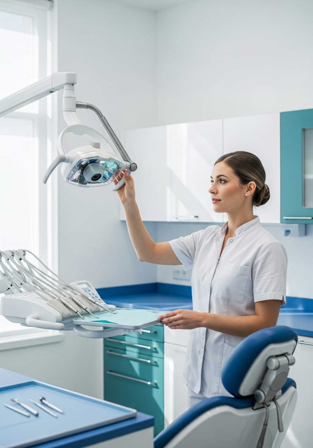 Dentist adjusting the light in a modern teal and white treatment room