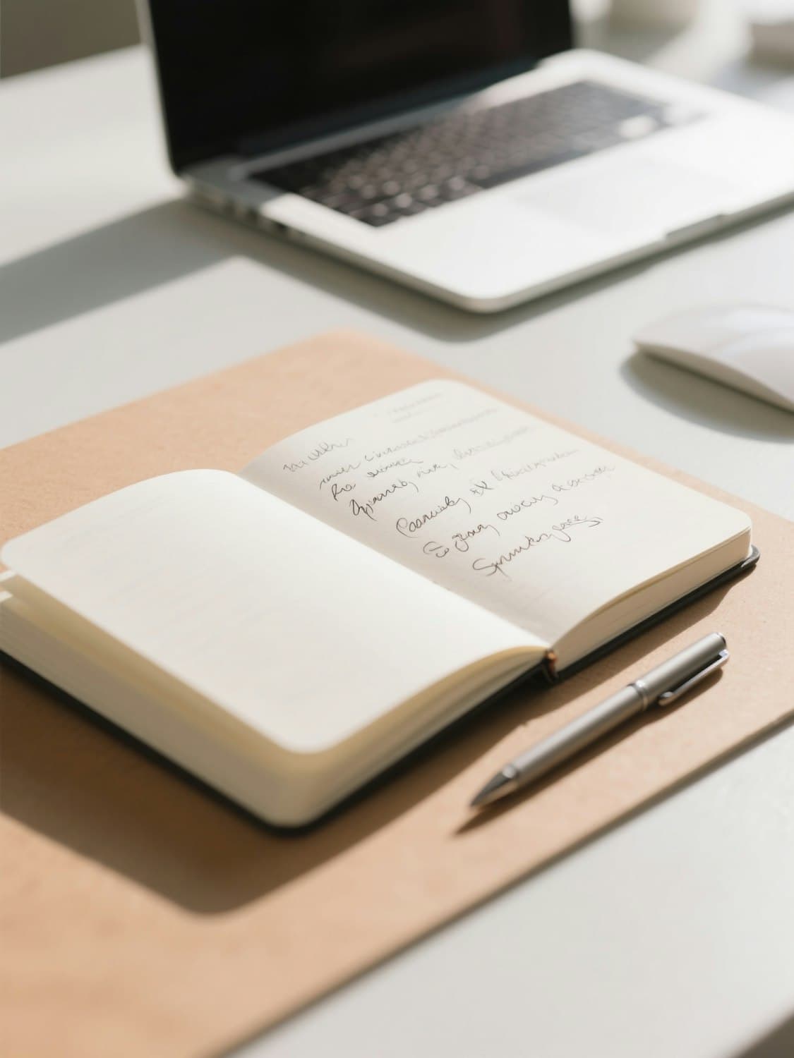 Open notebook with handwritten research notes next to a laptop on a bright desk